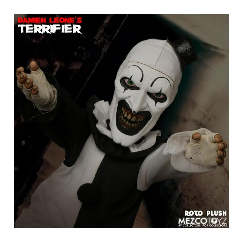 Mezco Terrifier Art the Clown Roto Plush – 18-Inch Collectible Doll in Black & White Costume
