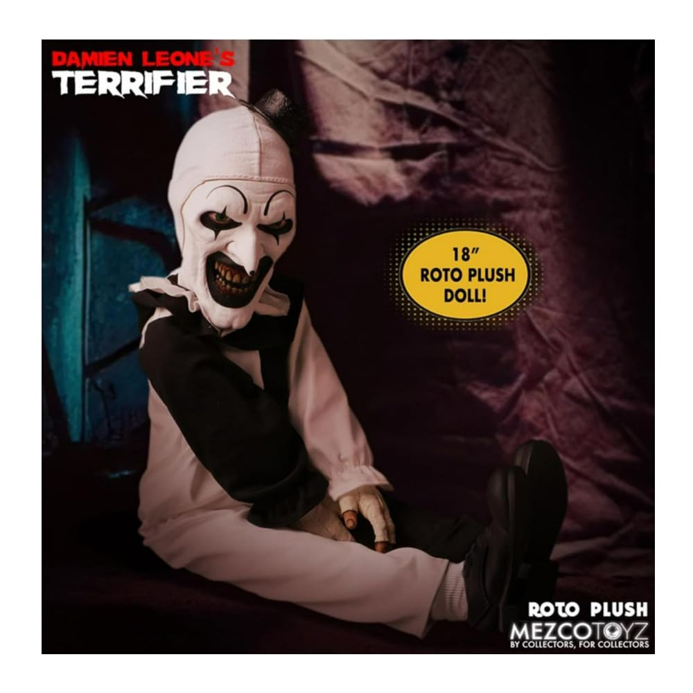 Mezco Terrifier Art the Clown Roto Plush – 18-Inch Collectible Doll in Black & White Costume