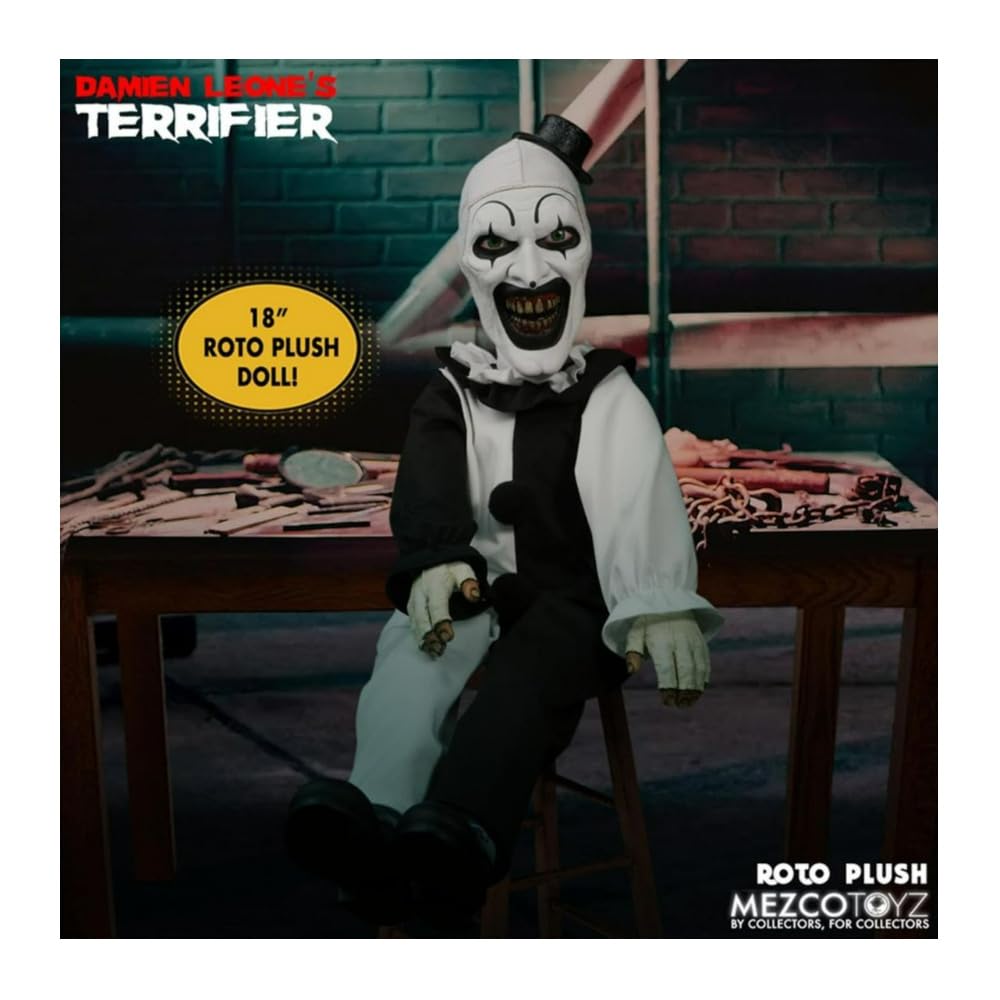 Mezco Terrifier Art the Clown Roto Plush – 18-Inch Collectible Doll in Black & White Costume