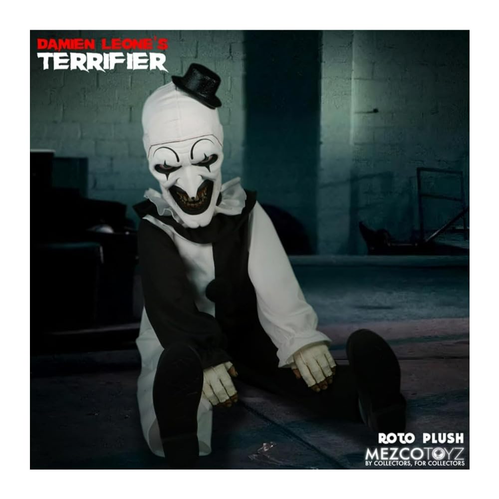 Mezco Terrifier Art the Clown Roto Plush – 18-Inch Collectible Doll in Black & White Costume