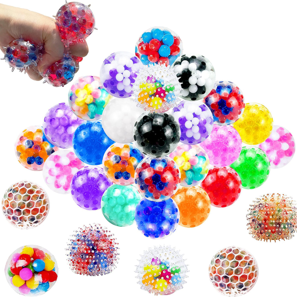 MEZHOBBY 34Pcs Stress Balls – Assorted Squishy Squeeze Balls for Adults, ADHD, Classroom Prizes, Party Favors