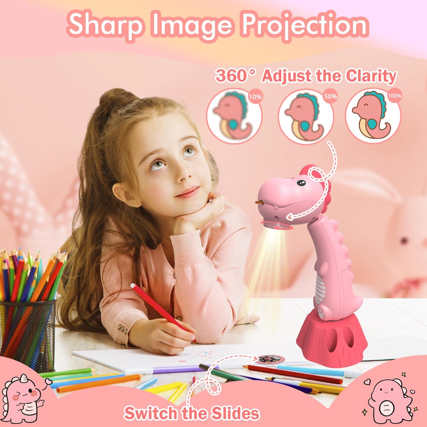MFEESYOB Drawing Projector for Kids – 96 Slides, 12 Color Brushes, 360° Rotation (Pink)