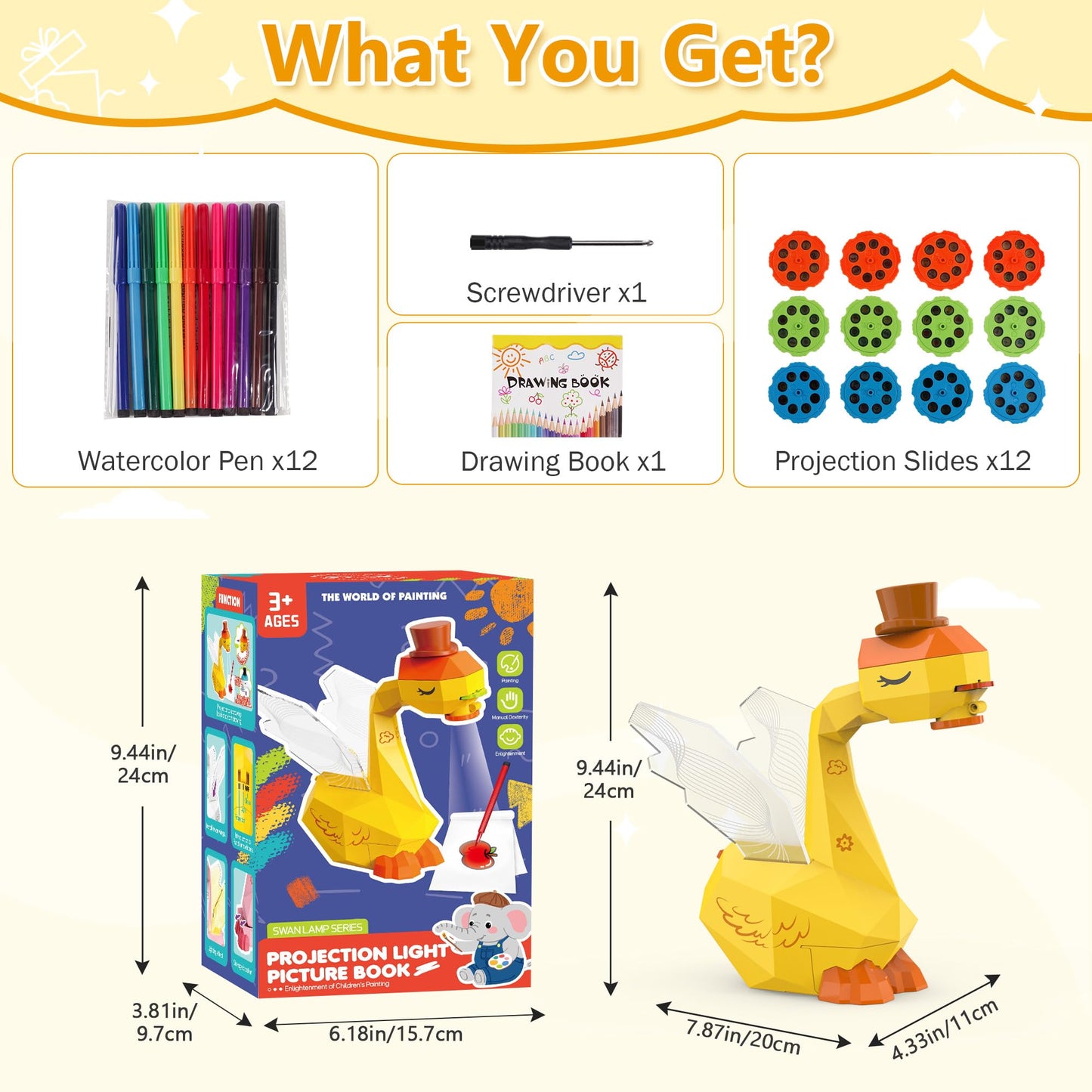 MFEESYOB Drawing Projector for Kids – Swan Look, 96 Stencils, 3+