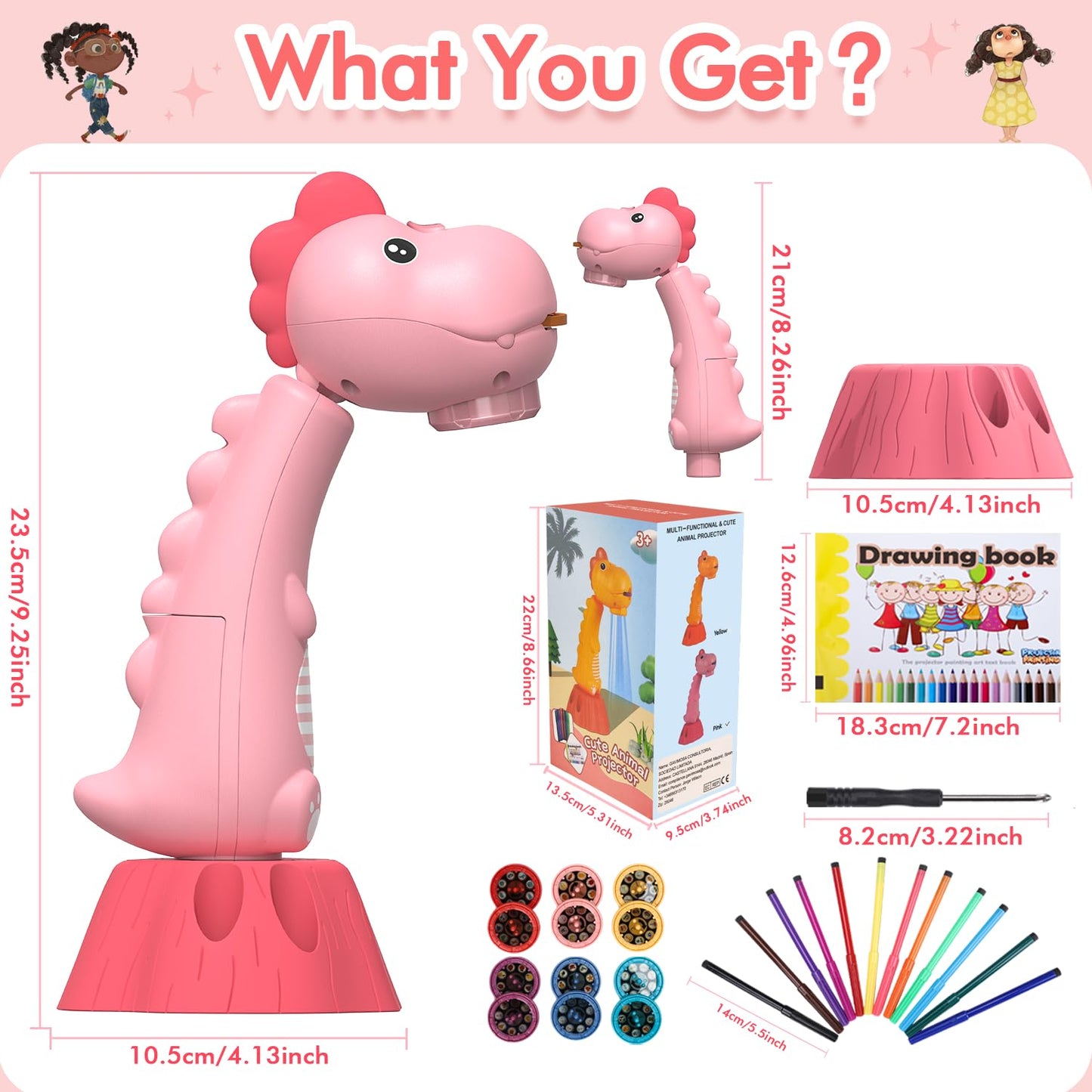 MFEESYOB Drawing Projector for Kids – 96 Slides, 12 Color Brushes, 360° Rotation (Pink)