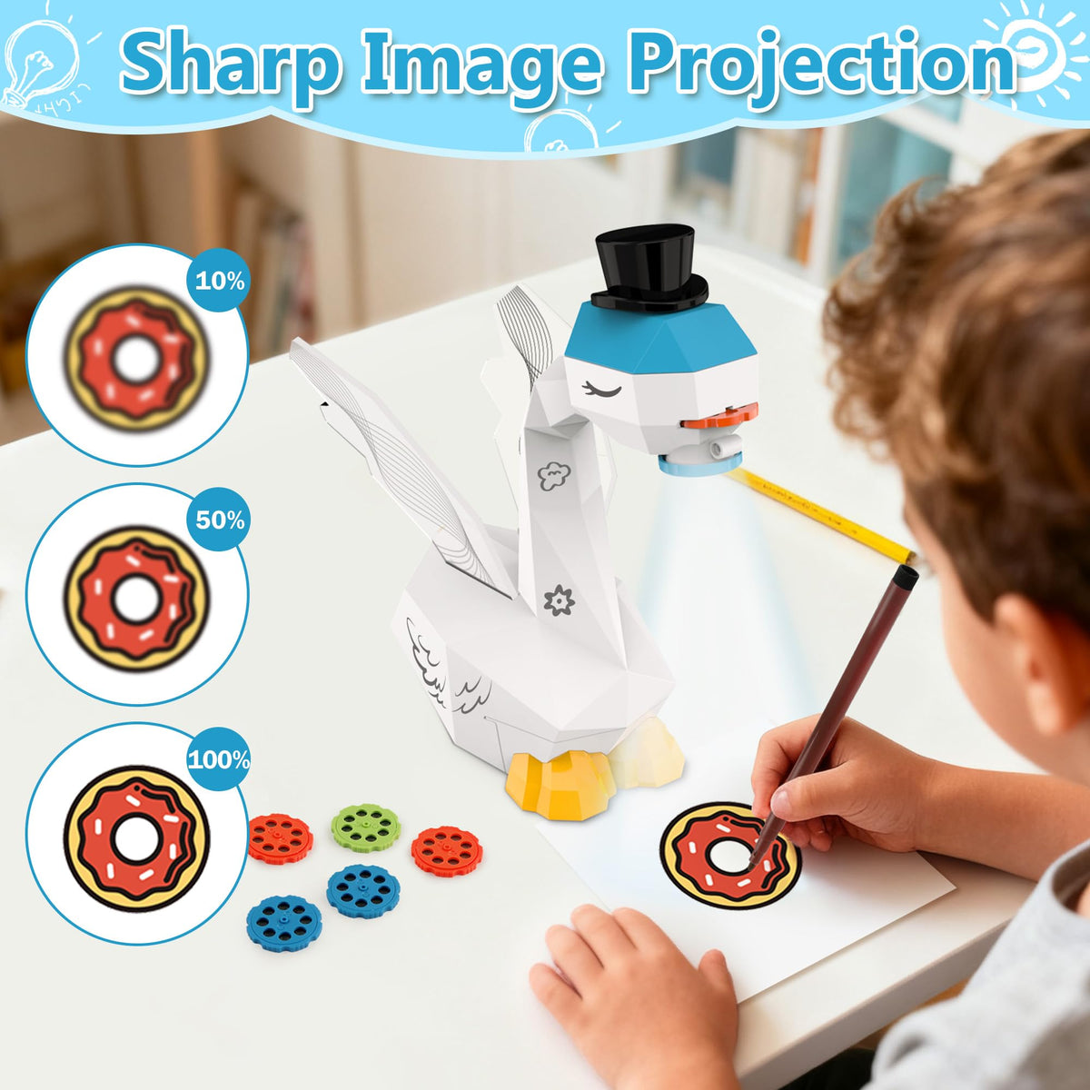 MFEESYOB Swan Drawing Projector for Kids – 96 Stencils, 360° Focus, Portable Art Sketcher