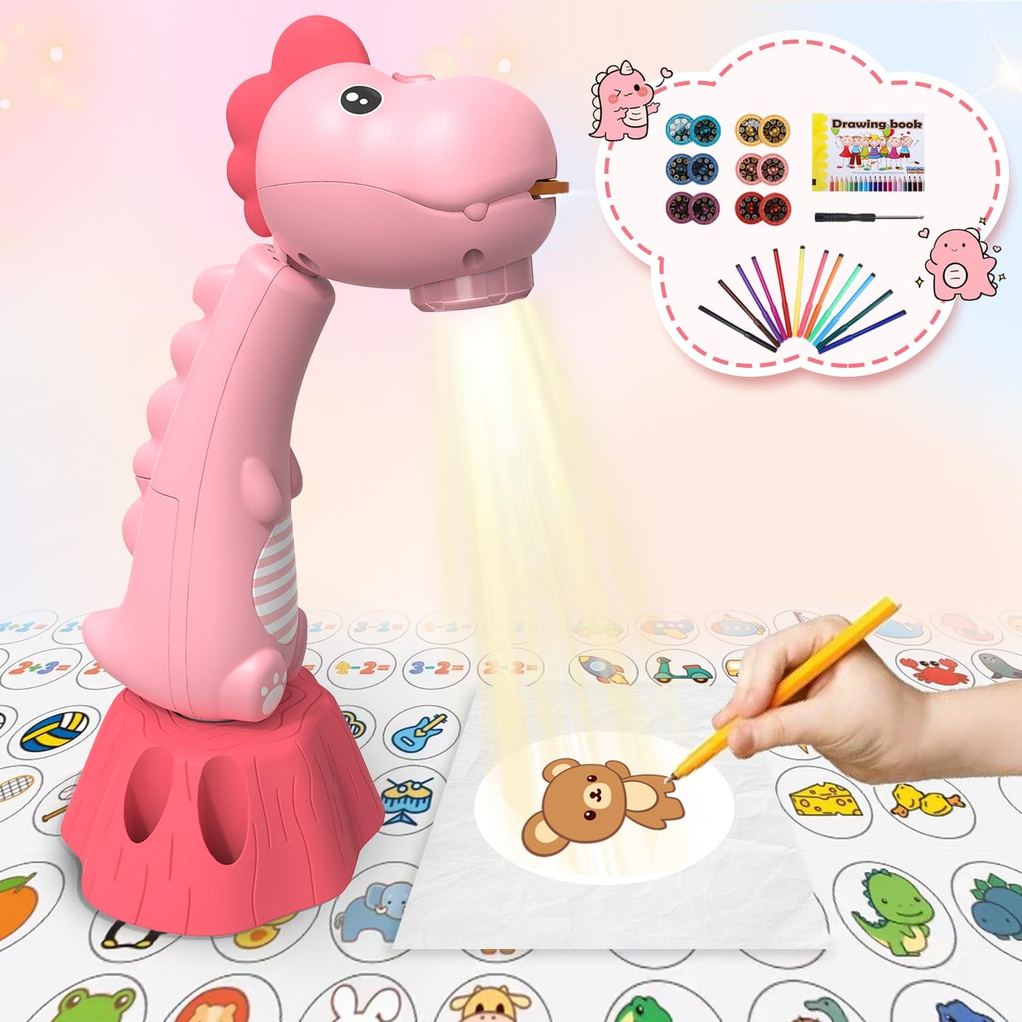 MFEESYOB Drawing Projector for Kids – 96 Slides, 12 Color Brushes, 360° Rotation (Pink)