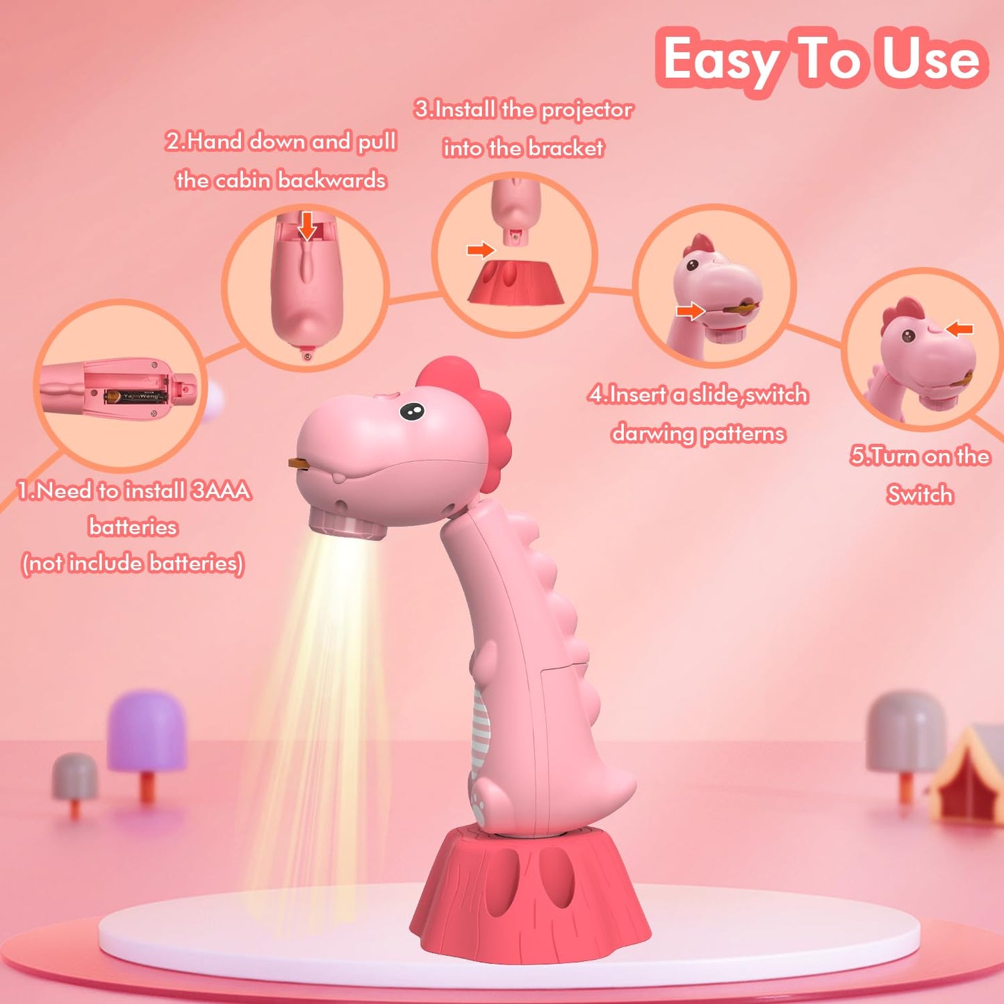 MFEESYOB Drawing Projector for Kids – 96 Slides, 12 Color Brushes, 360° Rotation (Pink)
