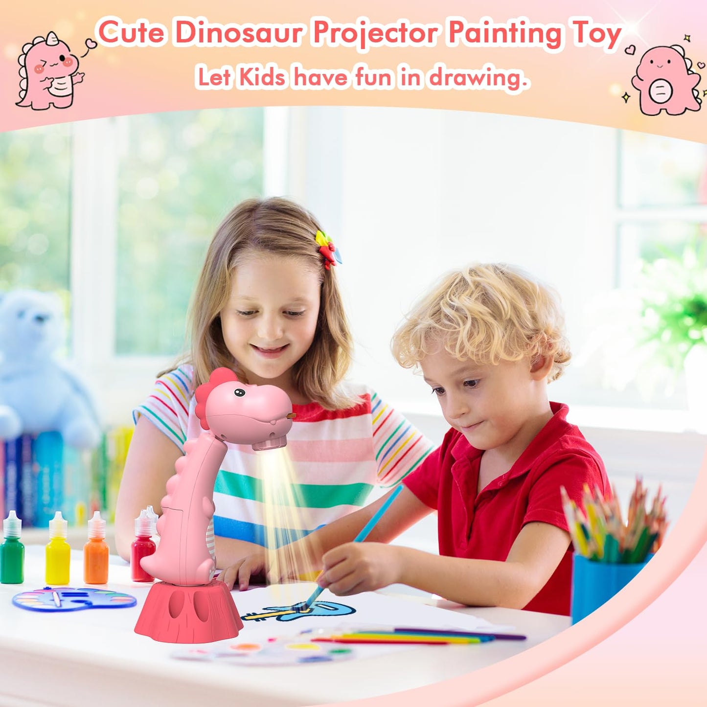 MFEESYOB Drawing Projector for Kids – 96 Slides, 12 Color Brushes, 360° Rotation (Pink)