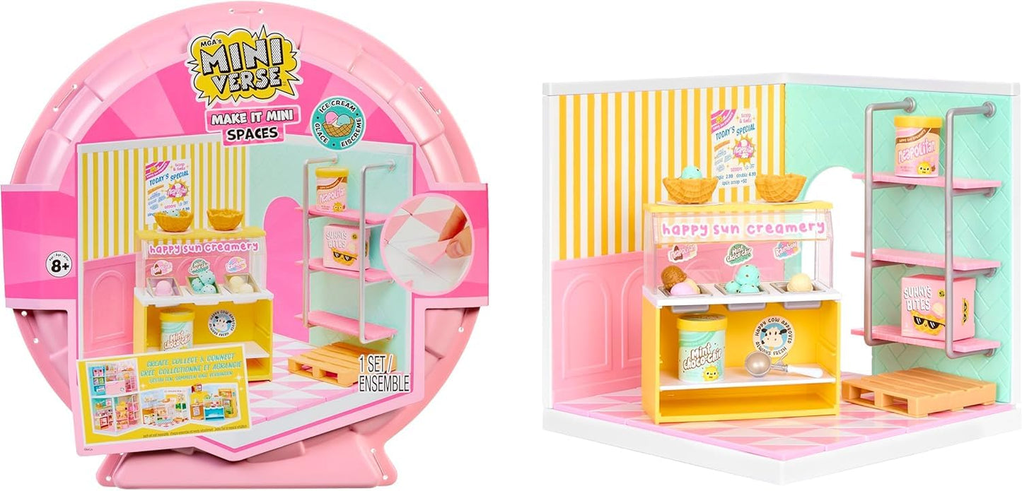 MGA's Miniverse Make It Mini Spaces: Ice Cream Shop & Pizza Shop Pack – Build, Customize, Display Minis