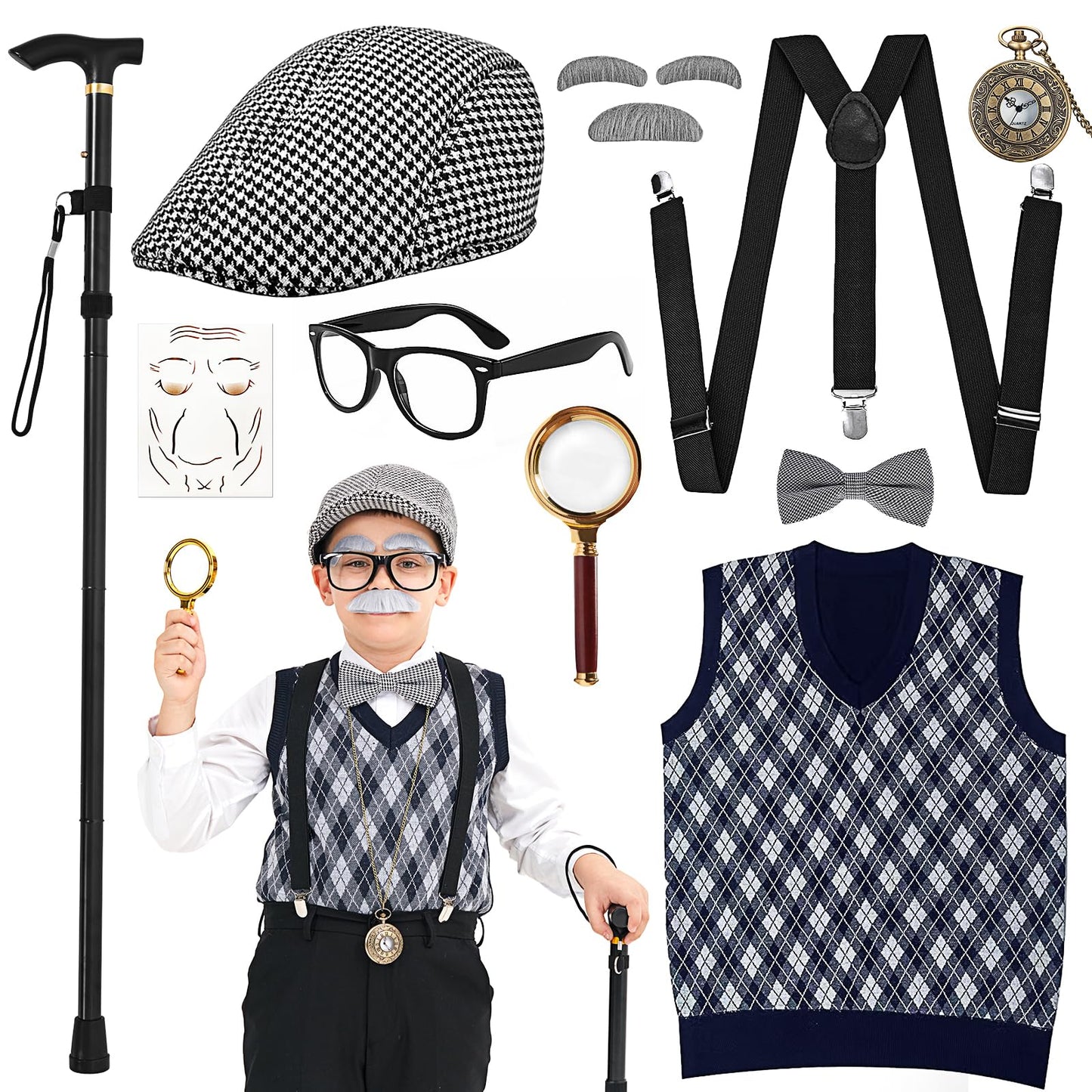 MGparty 100th Day of School Costume for Boys — Old Man Grandpa Cosplay Set