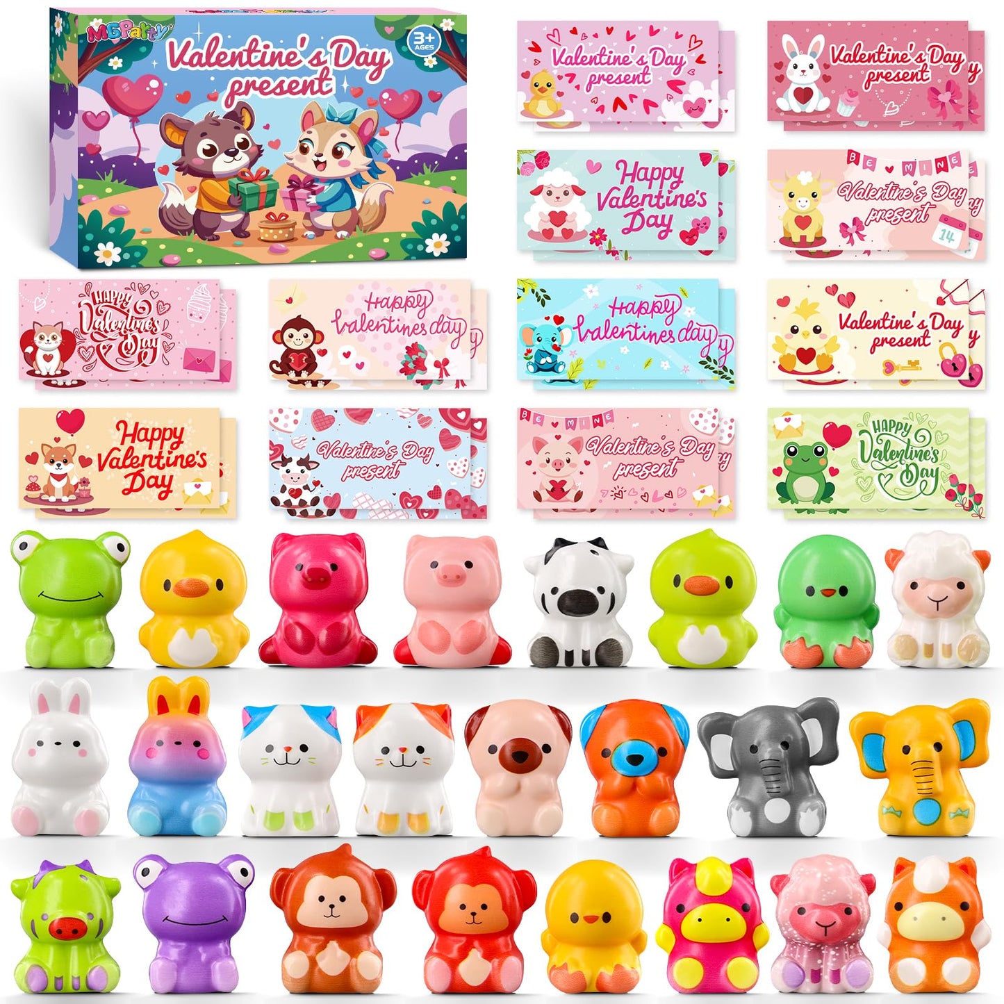 MGparty 24-Pack Animal Stress Fidget Toys with Valentine’s Day Gift Cards for Kids