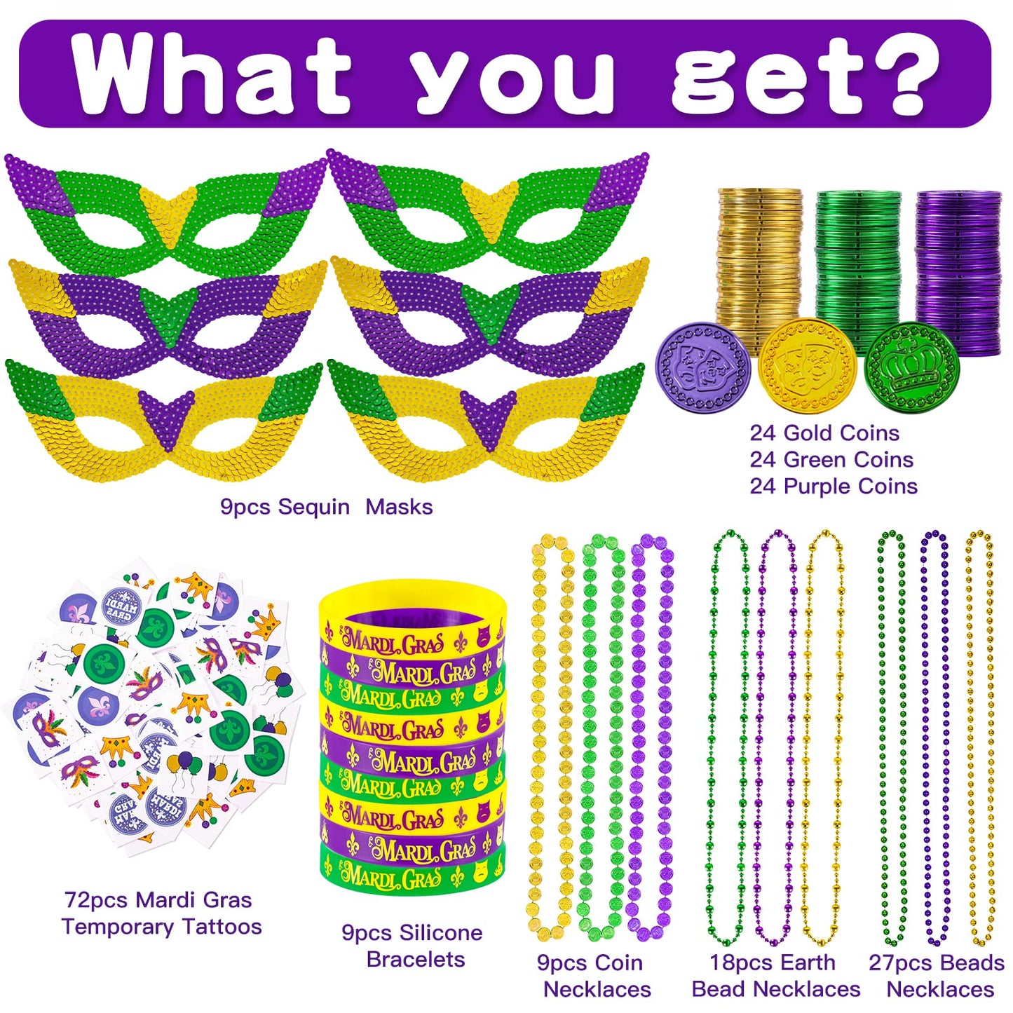 MGparty 216 PCS Mardi Gras Accessories Set – Masks, Beads, Coins, Tattoos & More for Carnival, Parade, Masquerade