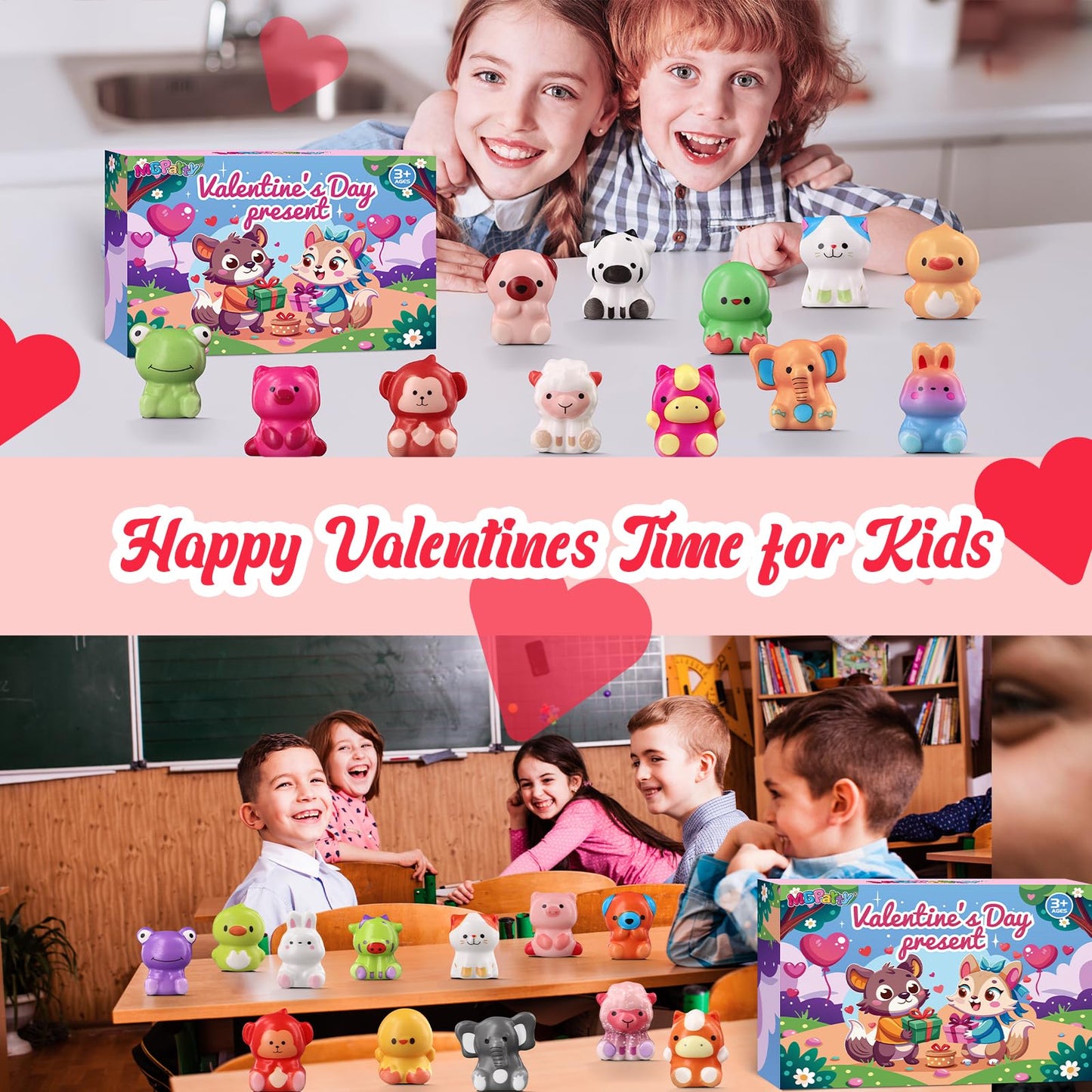MGparty 24-Pack Animal Stress Fidget Toys with Valentine’s Day Gift Cards for Kids