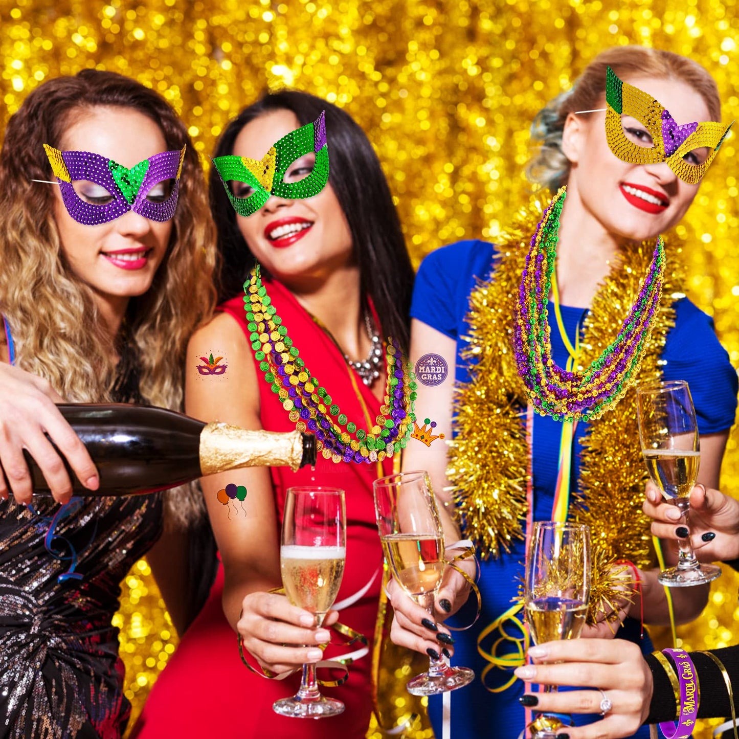 MGparty 216 PCS Mardi Gras Accessories Set – Masks, Beads, Coins, Tattoos & More for Carnival, Parade, Masquerade