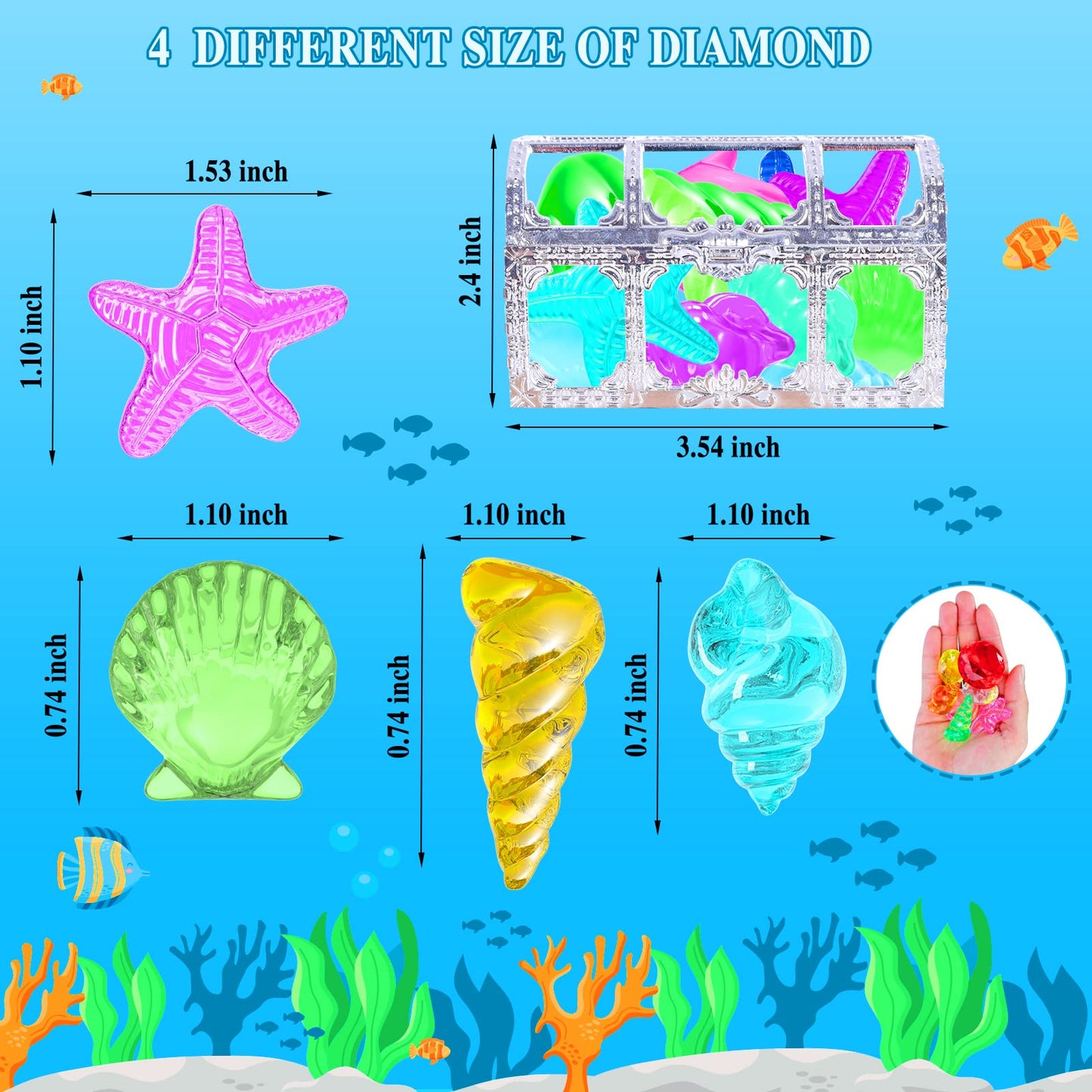 MGparty 24pcs Diving Gems Pool Toys – Colorful Diamonds & Pirate Treasure Box