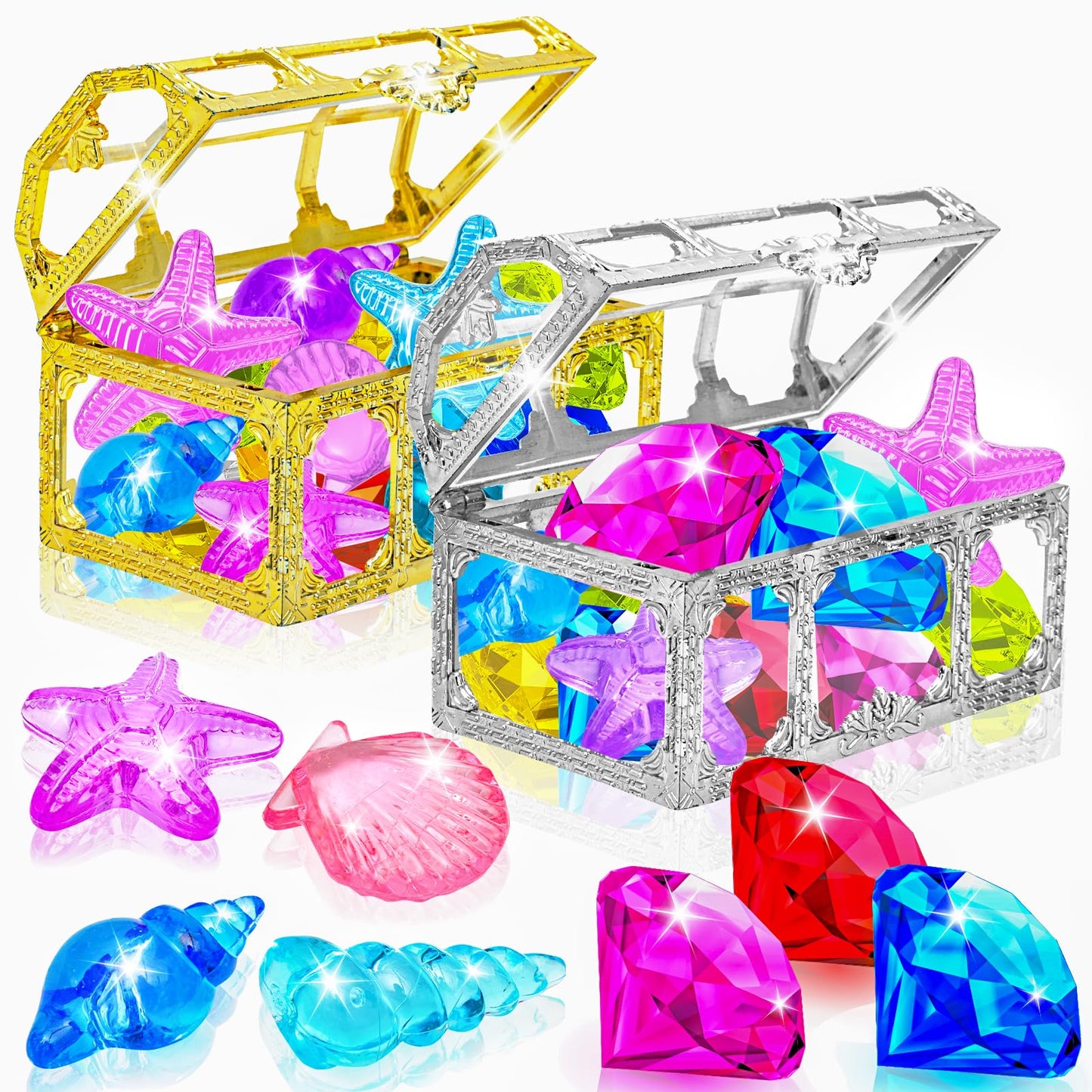 MGparty 24pcs Diving Gems Pool Toys – Colorful Diamonds & Pirate Treasure Box