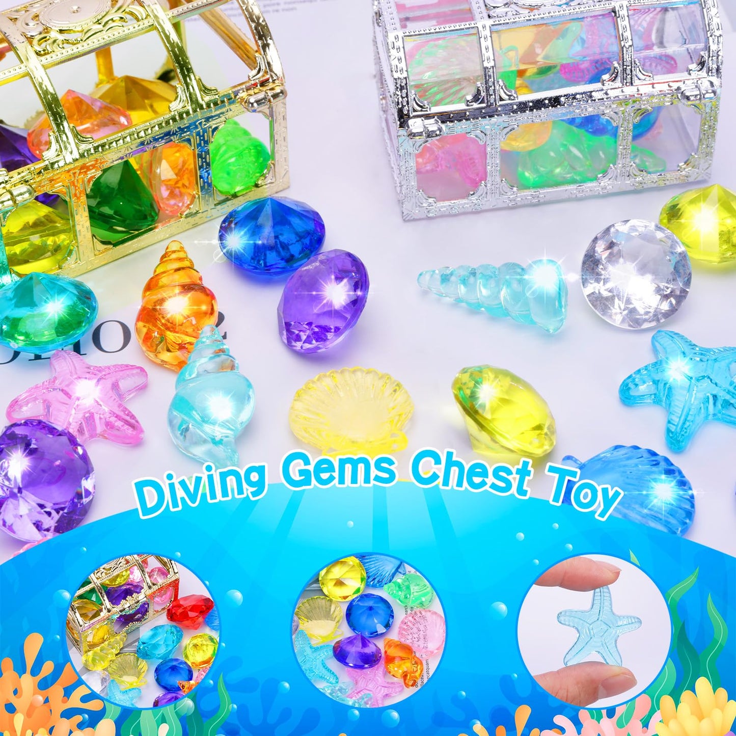 MGparty 24pcs Diving Gems Pool Toys – Colorful Diamonds & Pirate Treasure Box