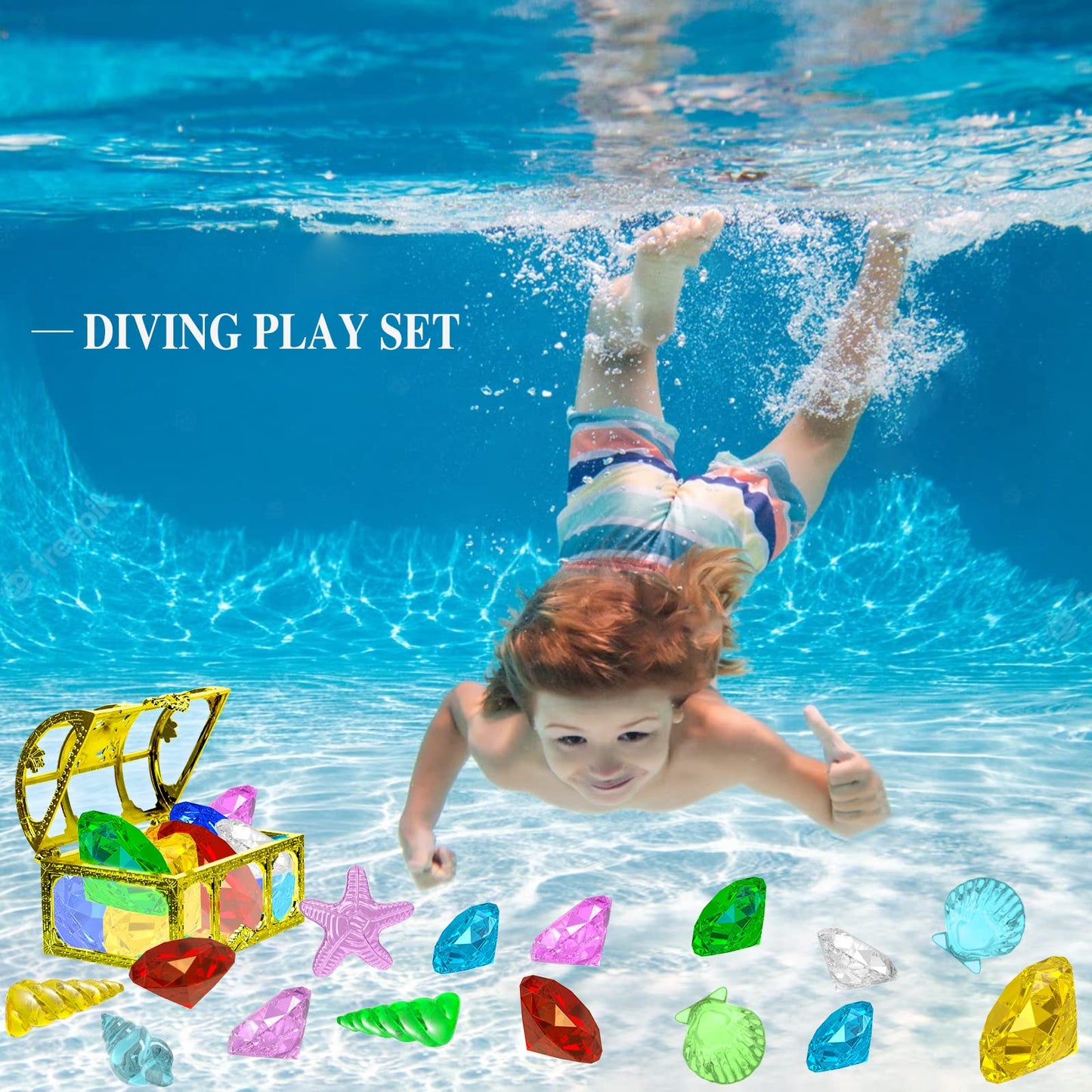 MGparty 24pcs Diving Gems Pool Toys – Colorful Diamonds & Pirate Treasure Box