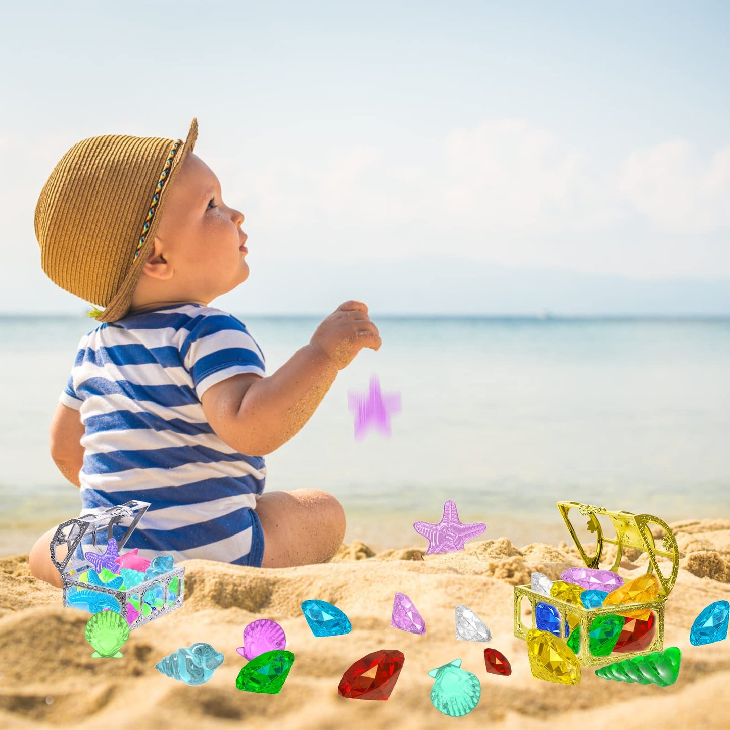 MGparty 24pcs Diving Gems Pool Toys – Colorful Diamonds & Pirate Treasure Box