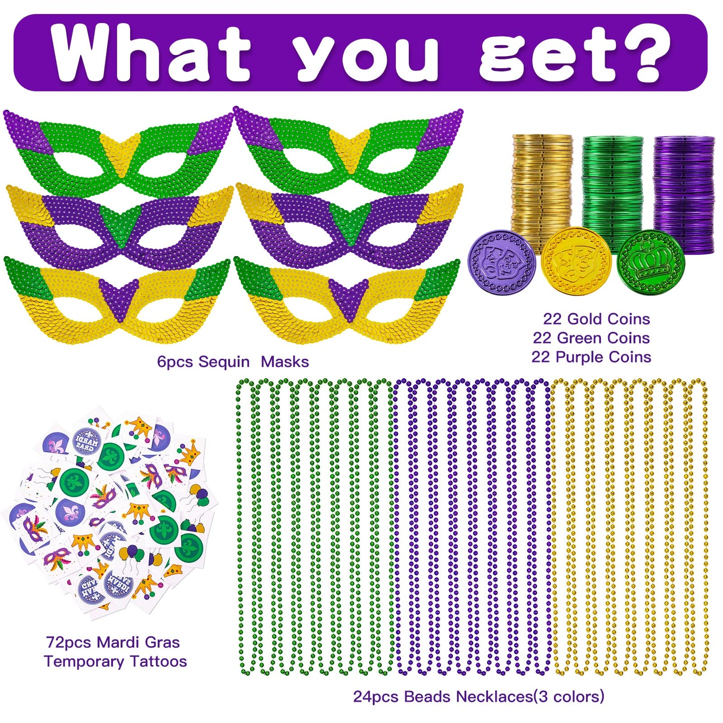 MGparty 168 PCS Mardi Gras Accessories: Masks, Beads, Coins & Tattoos