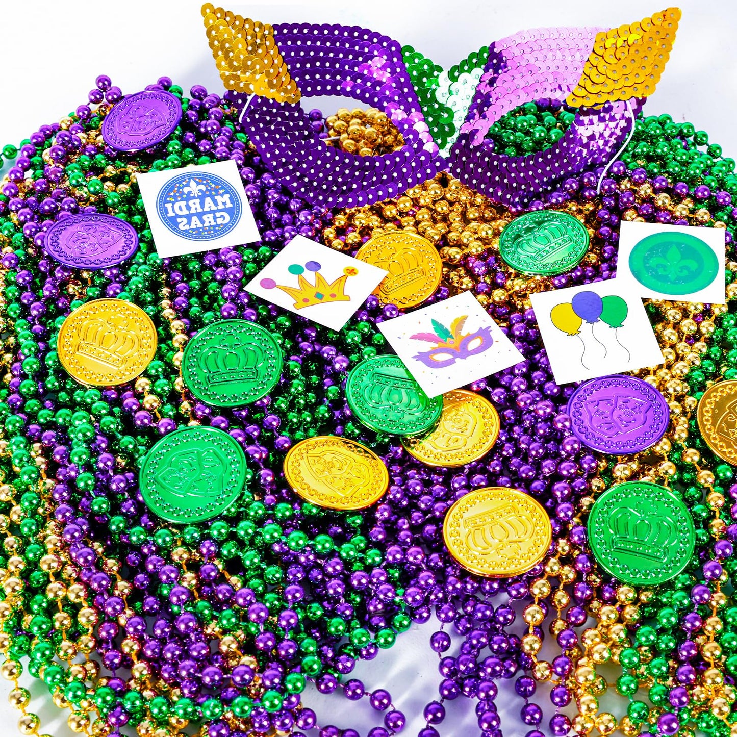MGparty 168 PCS Mardi Gras Accessories: Masks, Beads, Coins & Tattoos