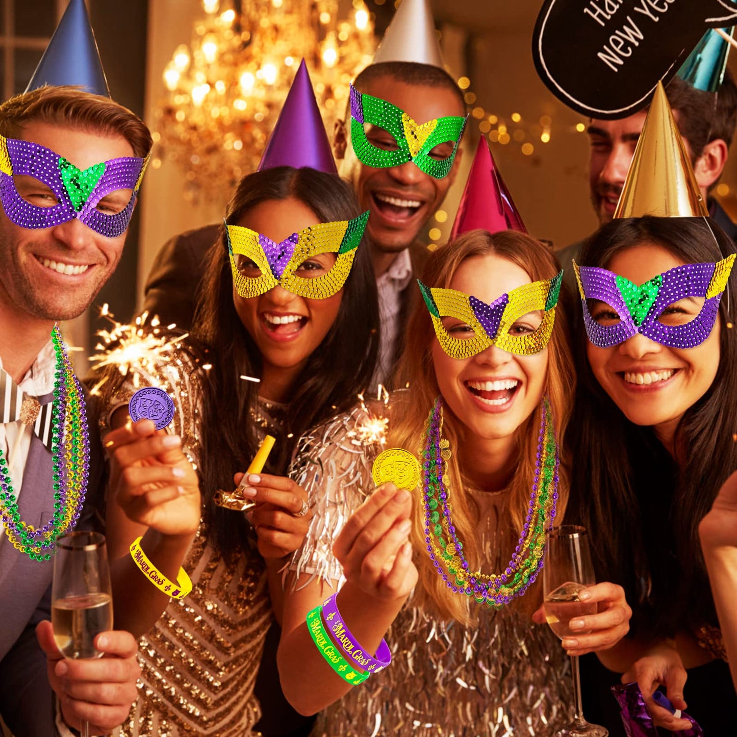 MGparty 216 PCS Mardi Gras Accessories Set – Masks, Beads, Coins, Tattoos & More for Carnival, Parade, Masquerade