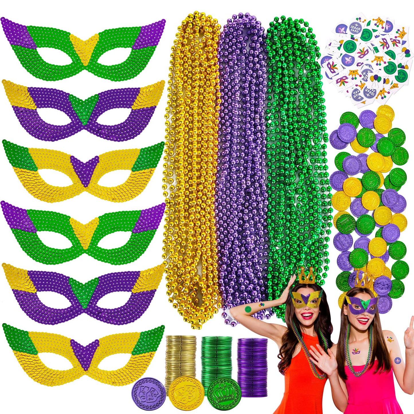 MGparty 168 PCS Mardi Gras Accessories: Masks, Beads, Coins & Tattoos