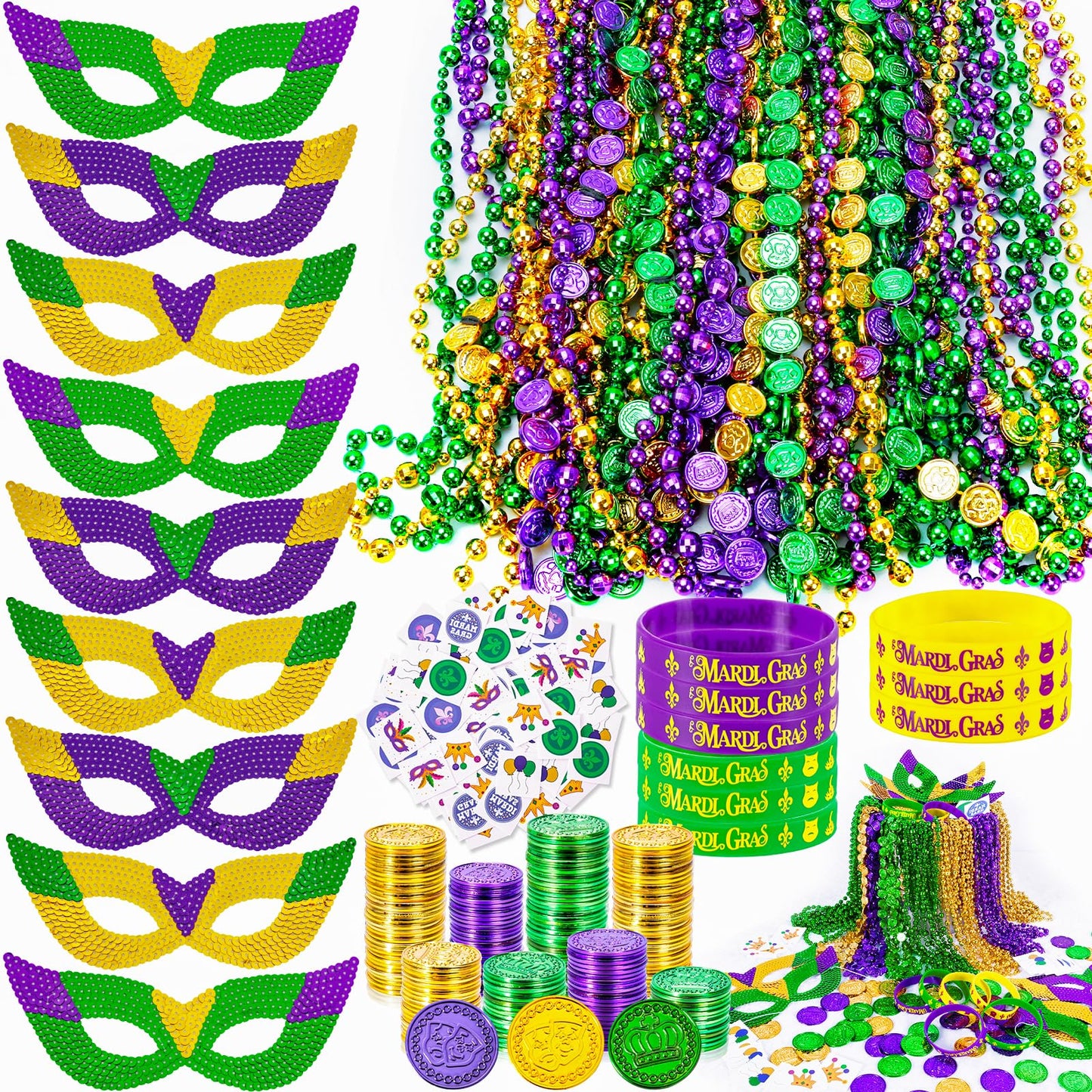 MGparty 216 PCS Mardi Gras Accessories Set – Masks, Beads, Coins, Tattoos & More for Carnival, Parade, Masquerade