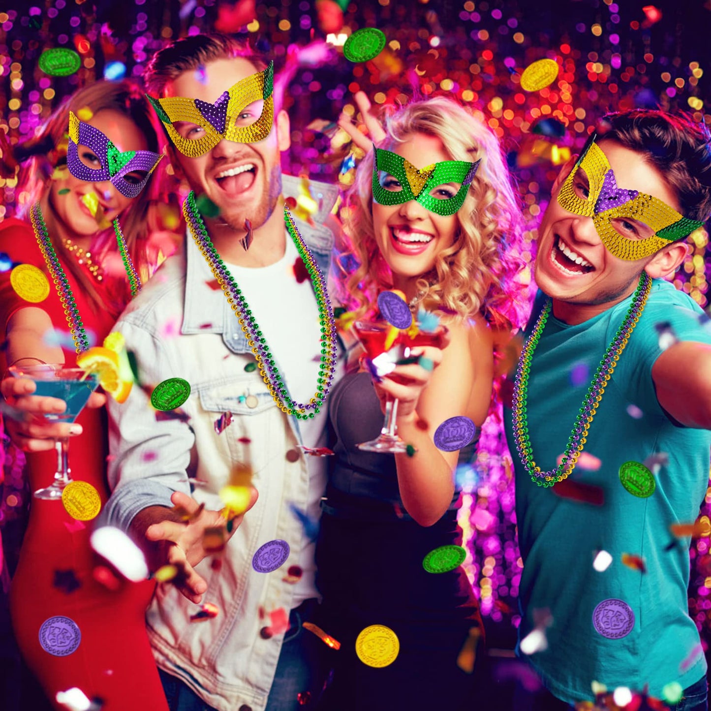 MGparty 168 PCS Mardi Gras Accessories: Masks, Beads, Coins & Tattoos