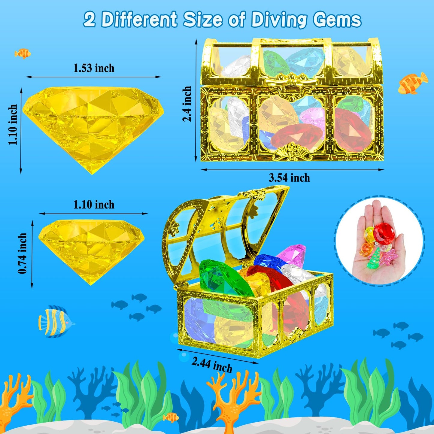 MGparty 24pcs Diving Gems Pool Toys – Colorful Diamonds & Pirate Treasure Box