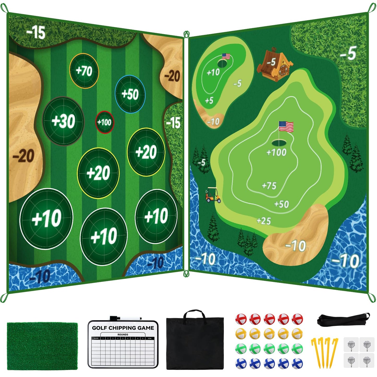 MGVK Double-Sided Golf Chipping Game Mat - 6x5 ft with 20 Sticky Balls for Backyard and Indoor Practice