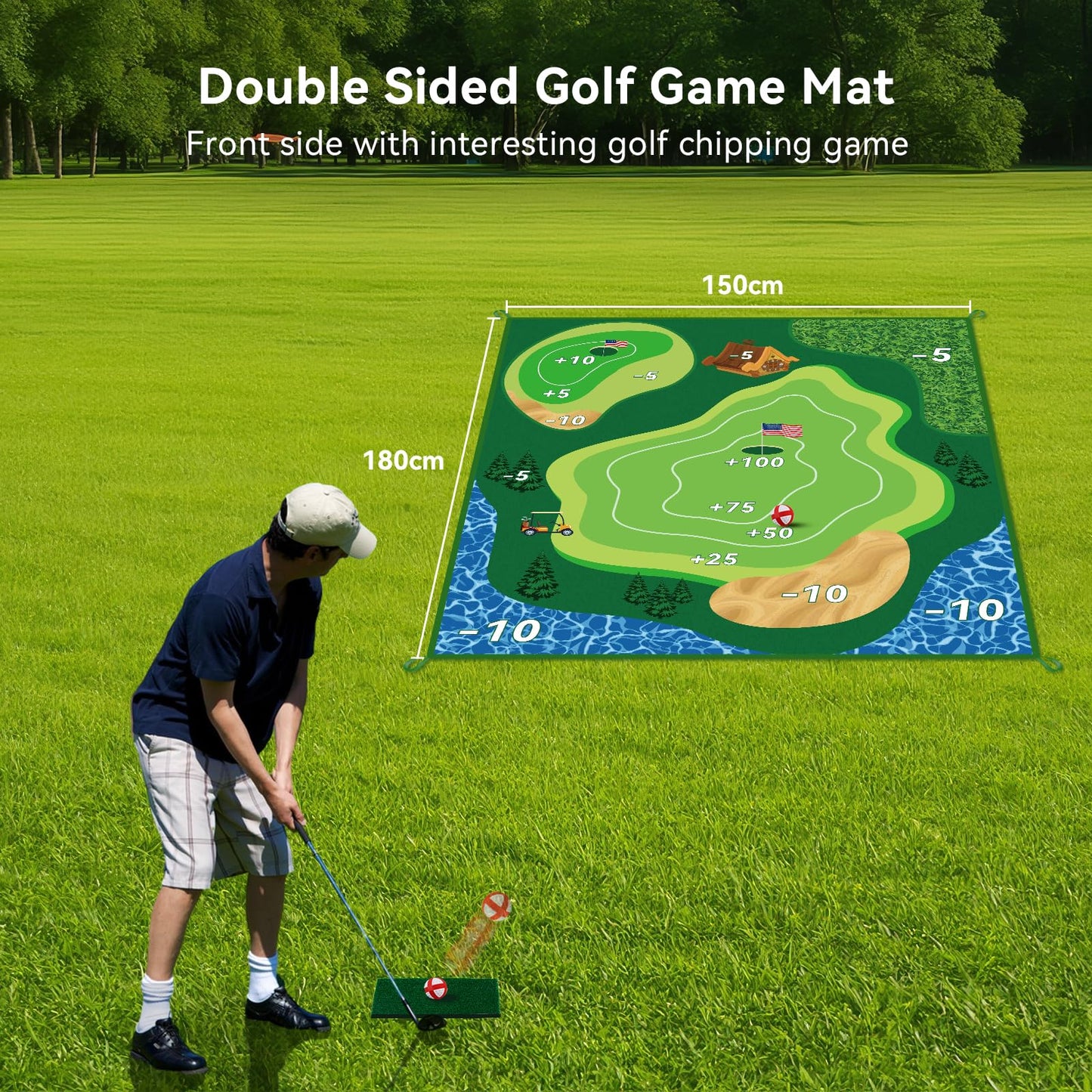 MGVK Double-Sided Golf Chipping Game Mat - 6x5 ft with 20 Sticky Balls for Backyard and Indoor Practice