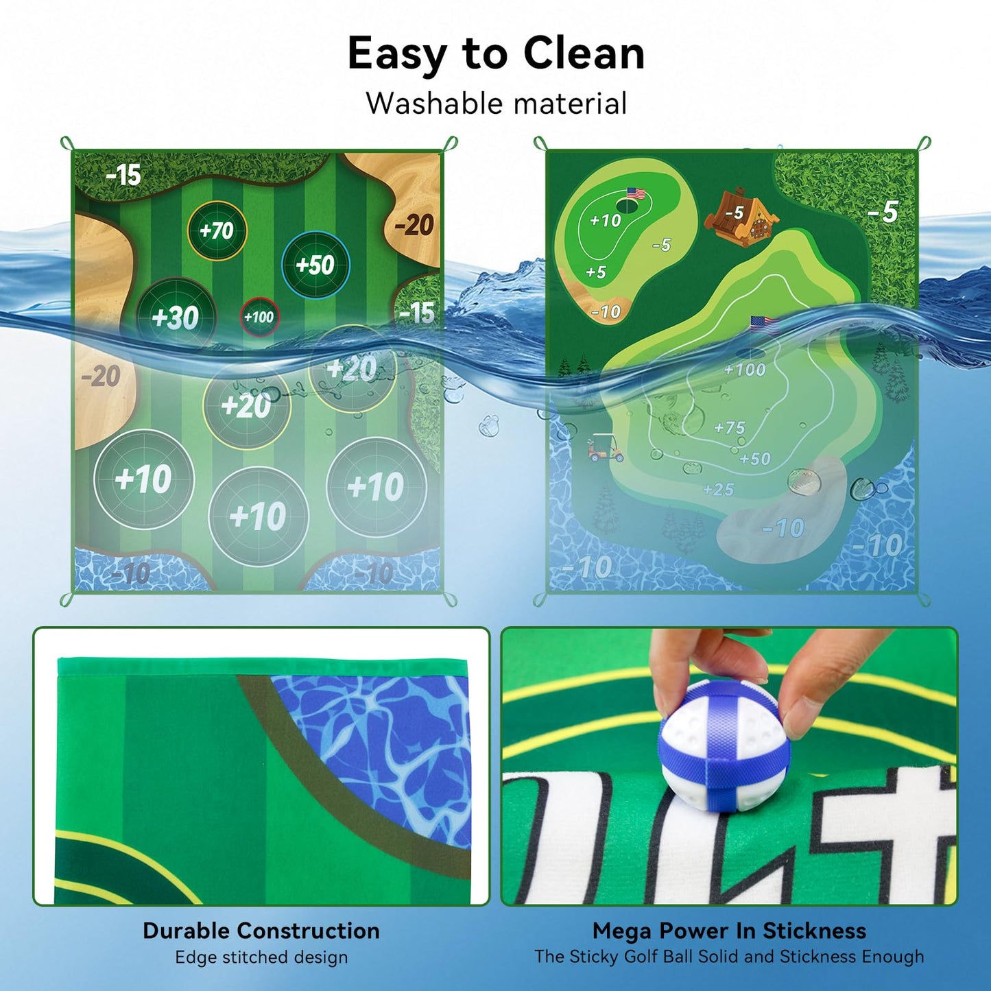 MGVK Double-Sided Golf Chipping Game Mat - 6x5 ft with 20 Sticky Balls for Backyard and Indoor Practice