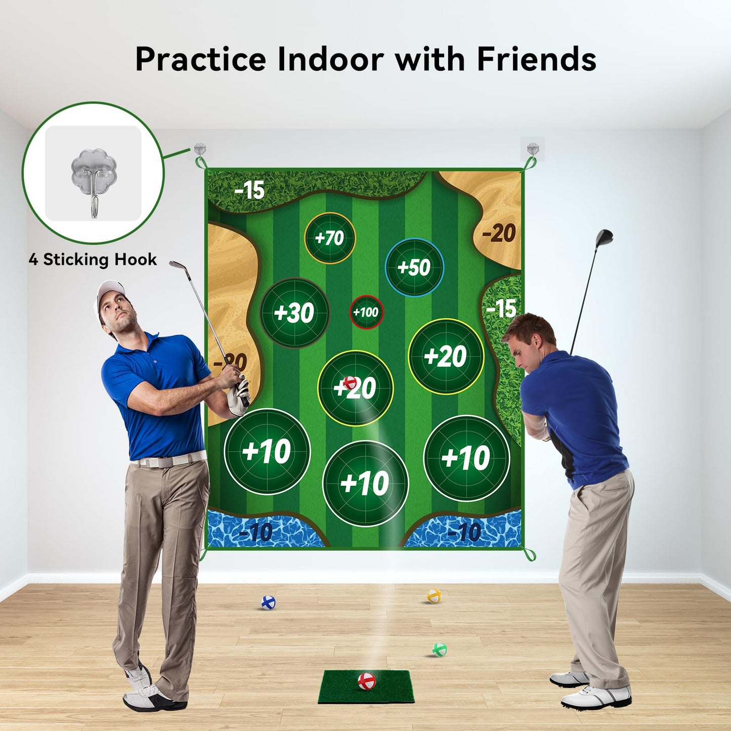 MGVK Double-Sided Golf Chipping Game Mat - 6x5 ft with 20 Sticky Balls for Backyard and Indoor Practice