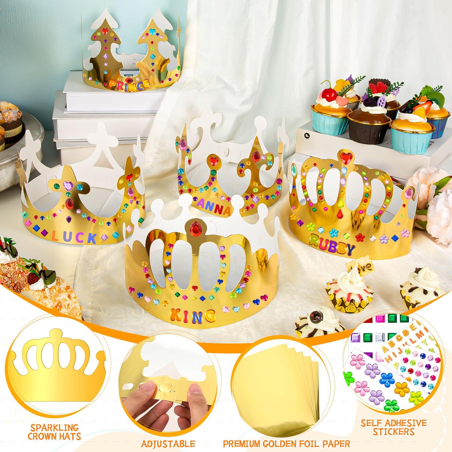 MGZTTHW Gold Paper Crowns Kit – 35 Pcs DIY Birthday Crowns for Kids