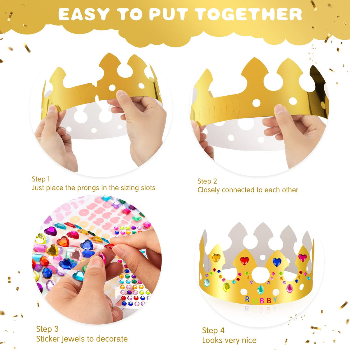 MGZTTHW Gold Paper Crown Set for Kids – 15 Adjustable Crowns, 5 Styles, Gems & Stickers