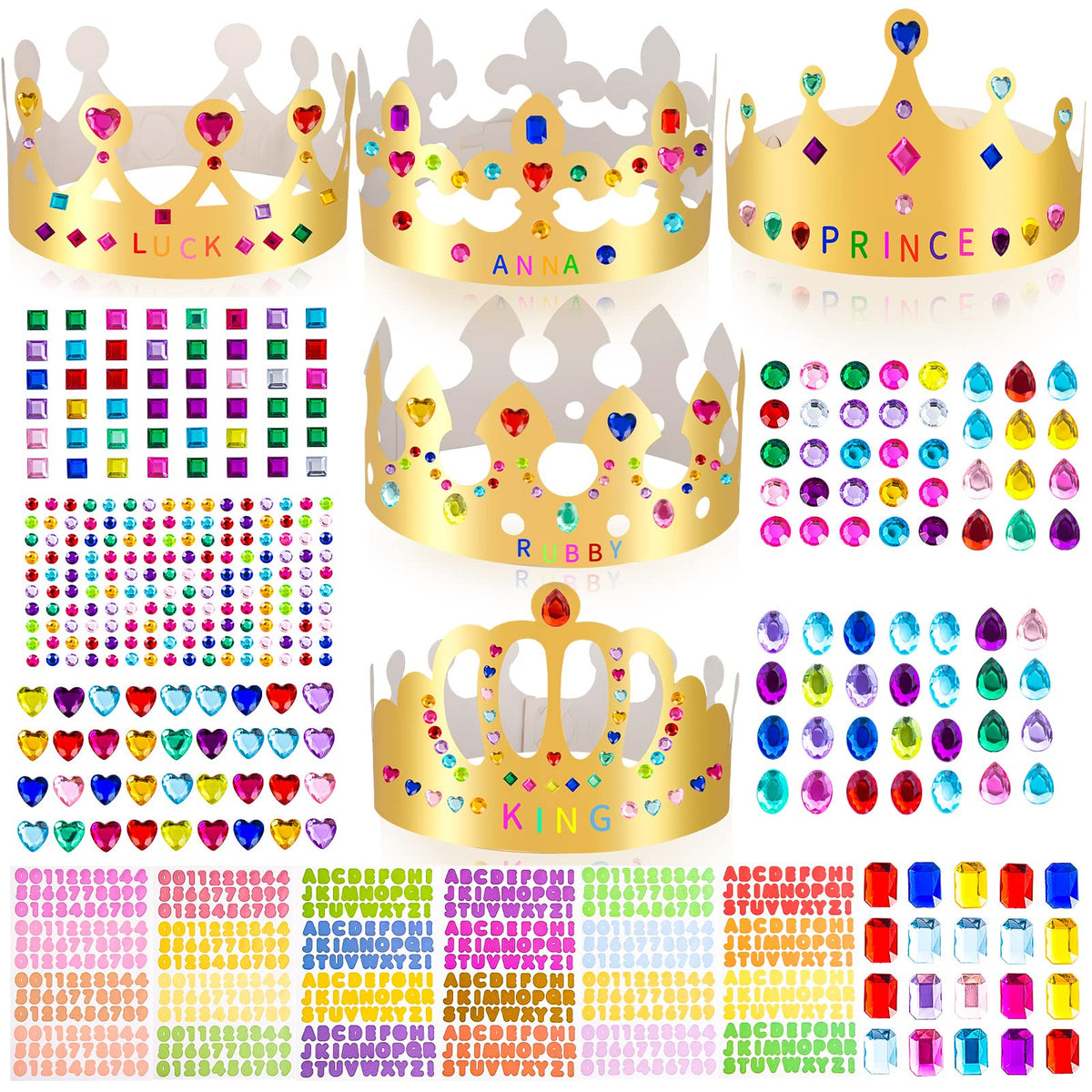 MGZTTHW Gold Paper Crown Set for Kids – 15 Adjustable Crowns, 5 Styles, Gems & Stickers
