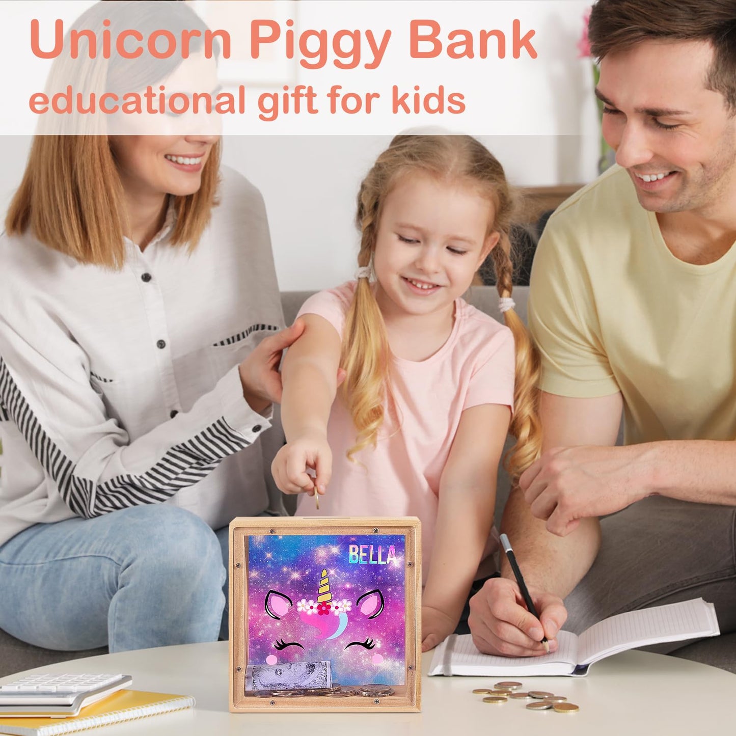 MHJY Dinosaur Unicorn Piggy Bank for Kids – Wooden Savings Box with DIY Stickers (Purple-Blue)