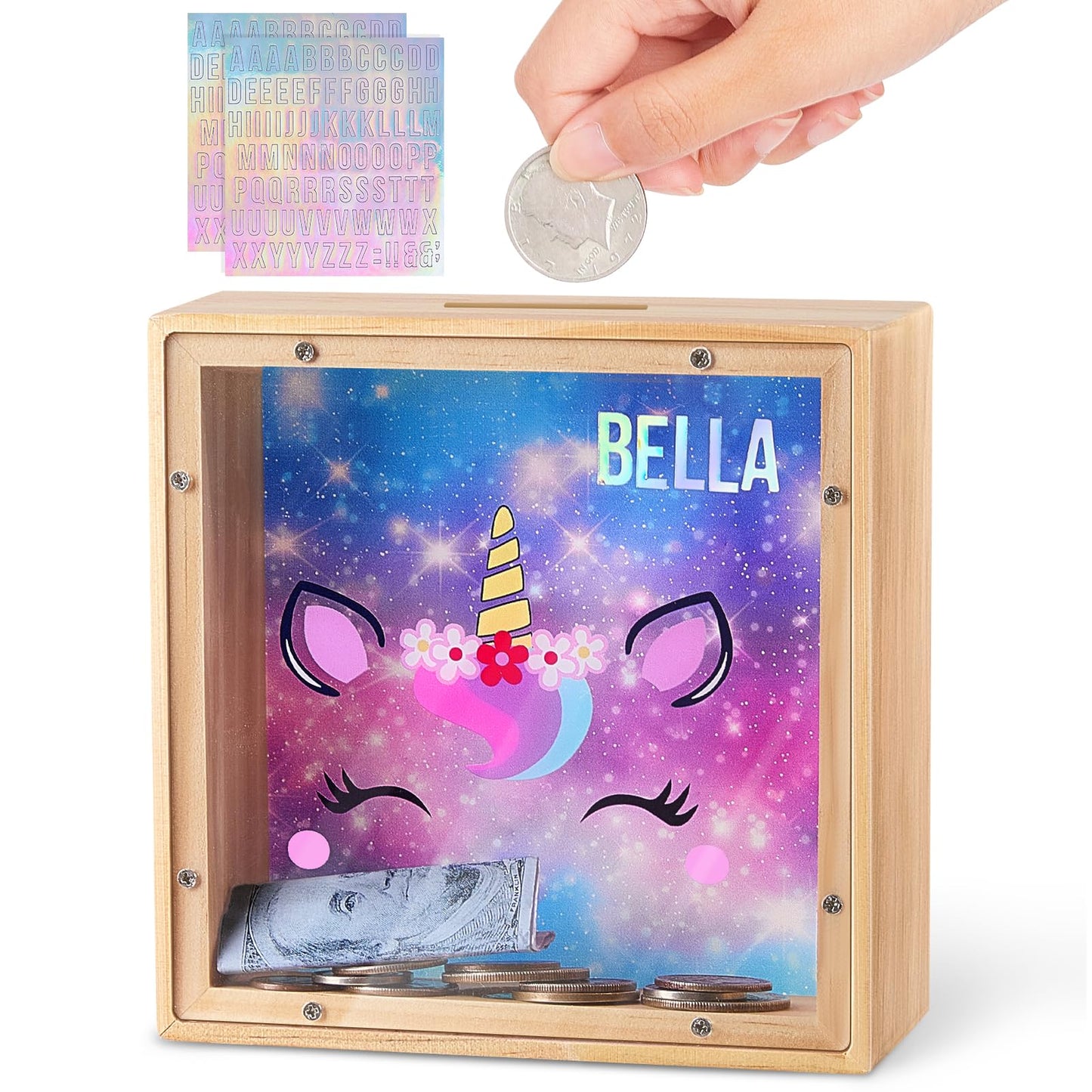 MHJY Dinosaur Unicorn Piggy Bank for Kids – Wooden Savings Box with DIY Stickers (Purple-Blue)