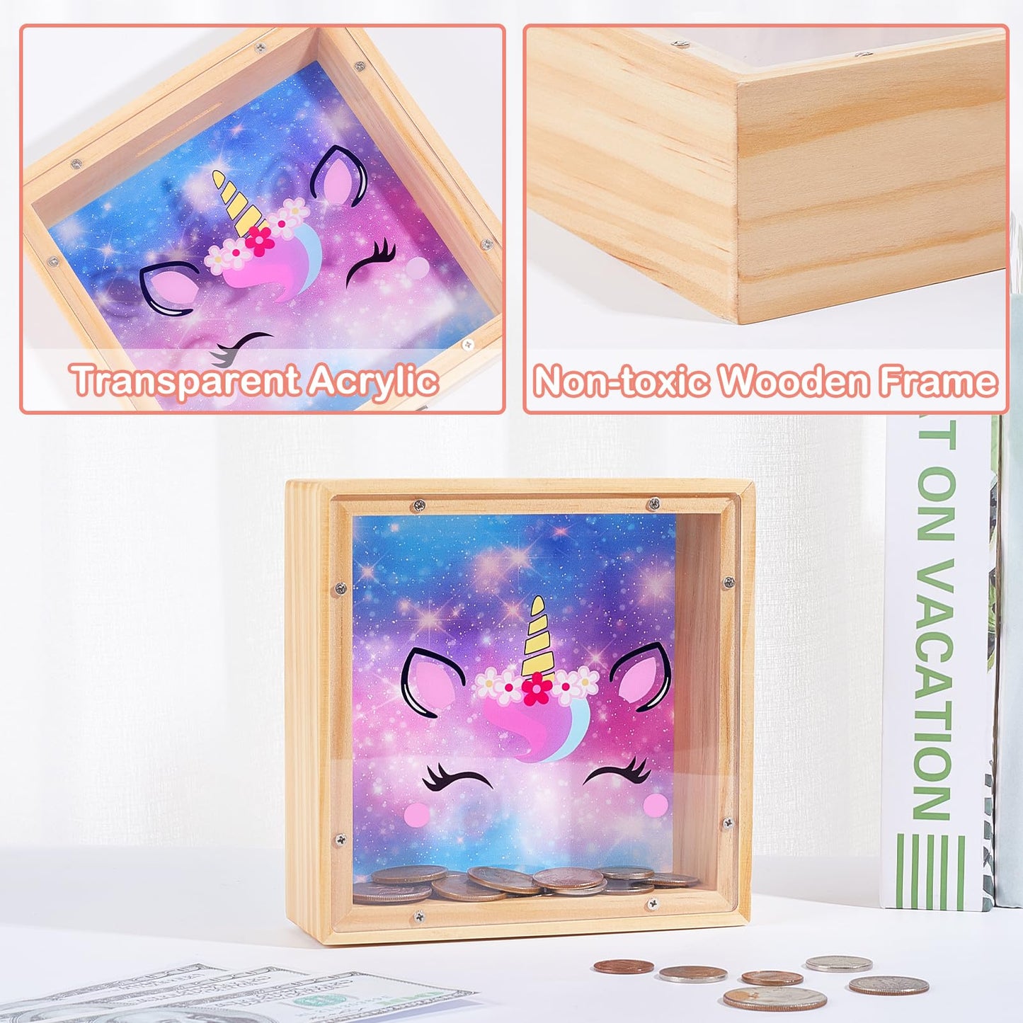 MHJY Dinosaur Unicorn Piggy Bank for Kids – Wooden Savings Box with DIY Stickers (Purple-Blue)