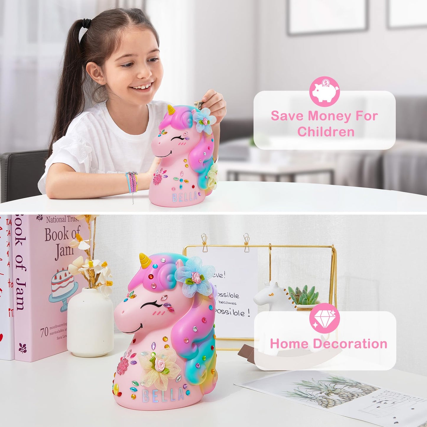 MHJY Unicorn Piggy Bank - Unbreakable DIY Savings Box with Stickers | Large Capacity