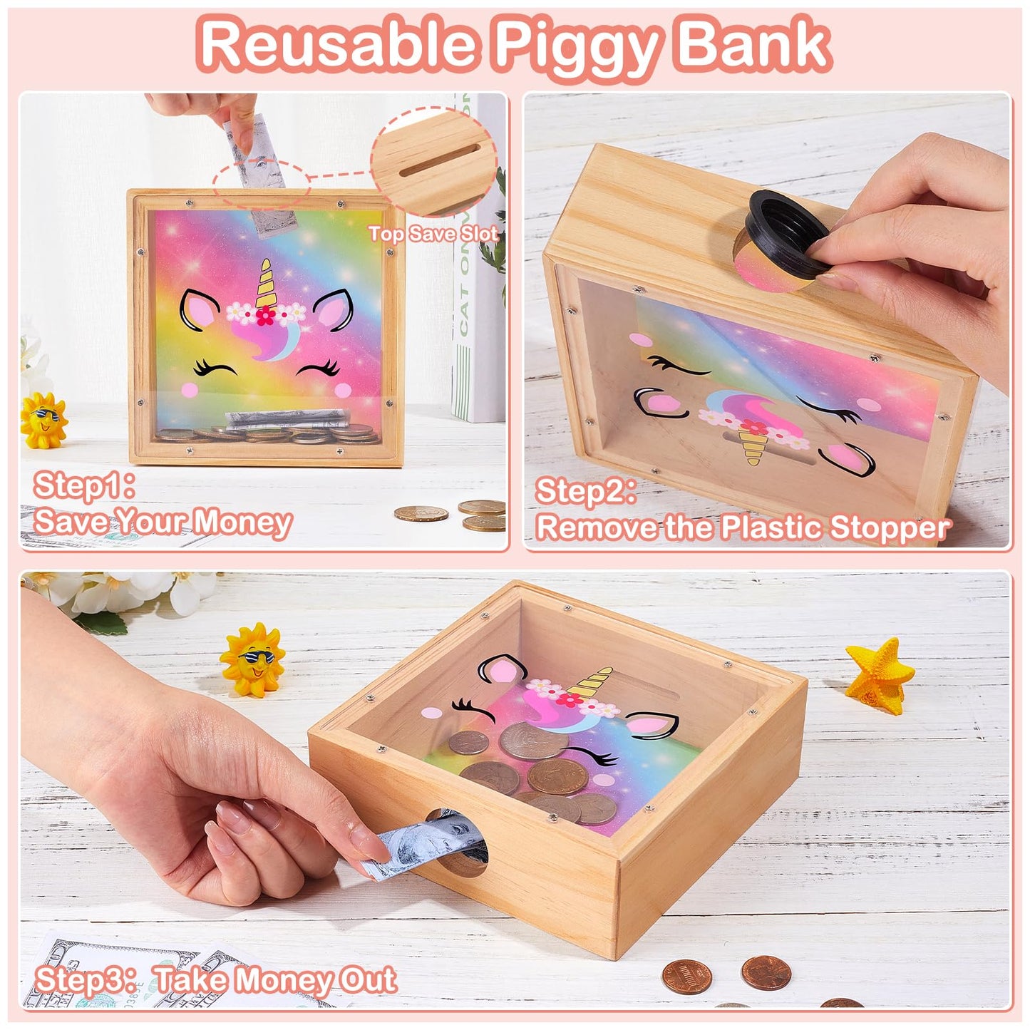 MHJY Kids Piggy Bank — Wooden Dinosaur Unicorn Bank with DIY Stickers (Rainbow)