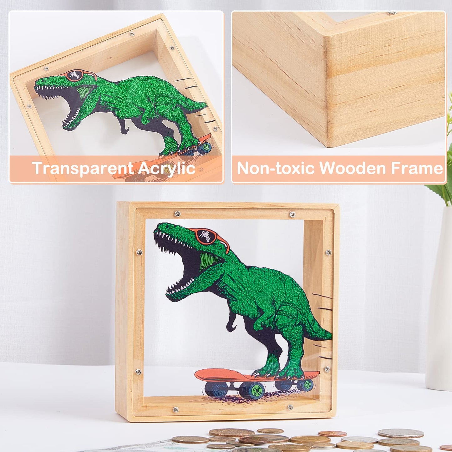 MHJY Wooden Piggy Bank for Kids – Dinosaur & Unicorn Green with DIY Stickers
