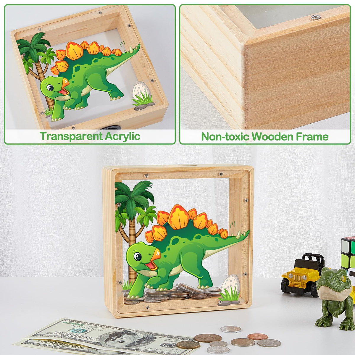 MHJY Piggy Bank for Kids — Wooden Dinosaur & Unicorn with DIY Stickers (Green Yellow)