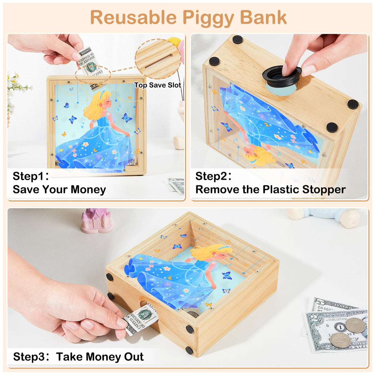 MHJY Piggy Bank for Kids - Wooden Dinosaur Unicorn with DIY Stickers (Purple/Blue)