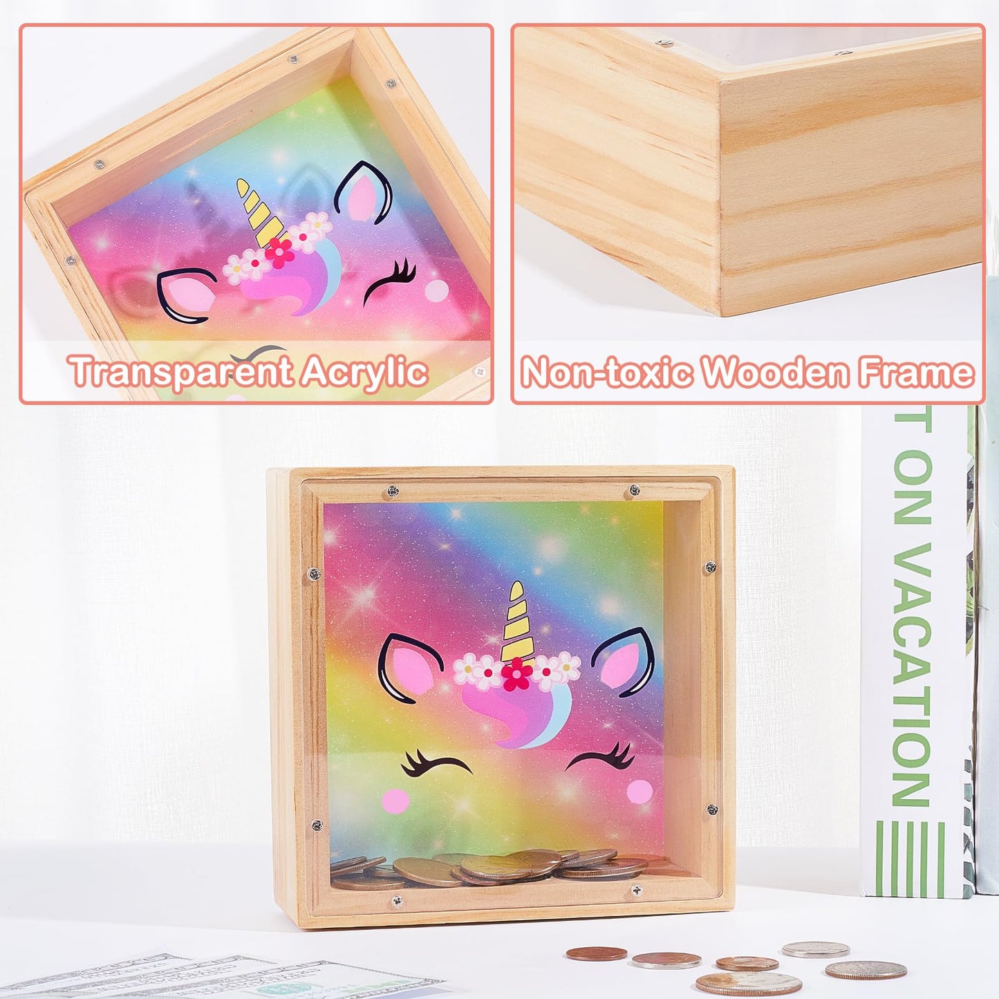 MHJY Kids Piggy Bank — Wooden Dinosaur Unicorn Bank with DIY Stickers (Rainbow)