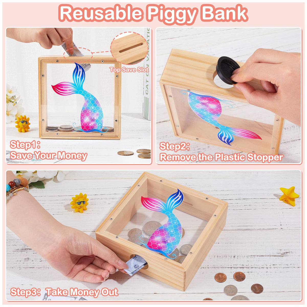MHJY Wooden Piggy Bank for Kids – Dinosaur & Unicorn Design with DIY Stickers