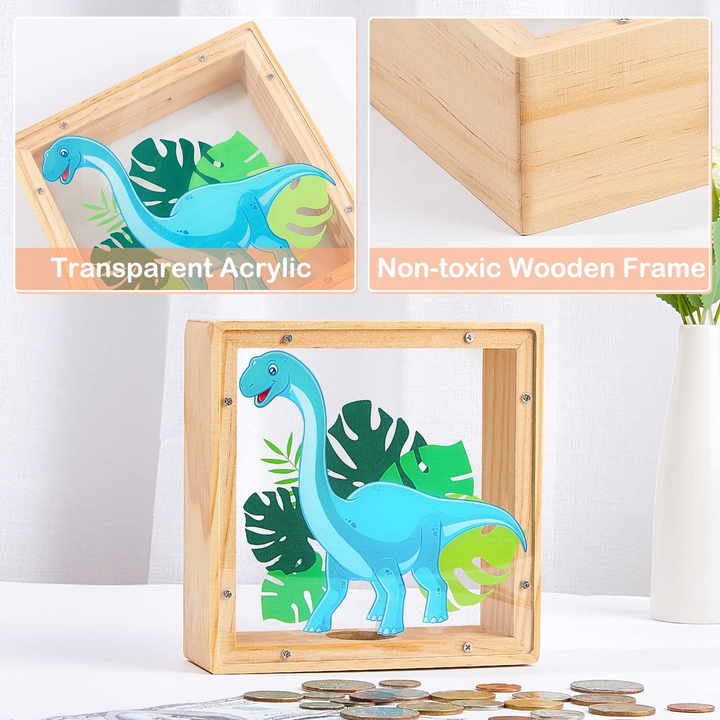 MHJY Piggy Bank for Kids - Wooden & Acrylic Dinosaur Unicorn Bank with DIY Stickers (Blue)