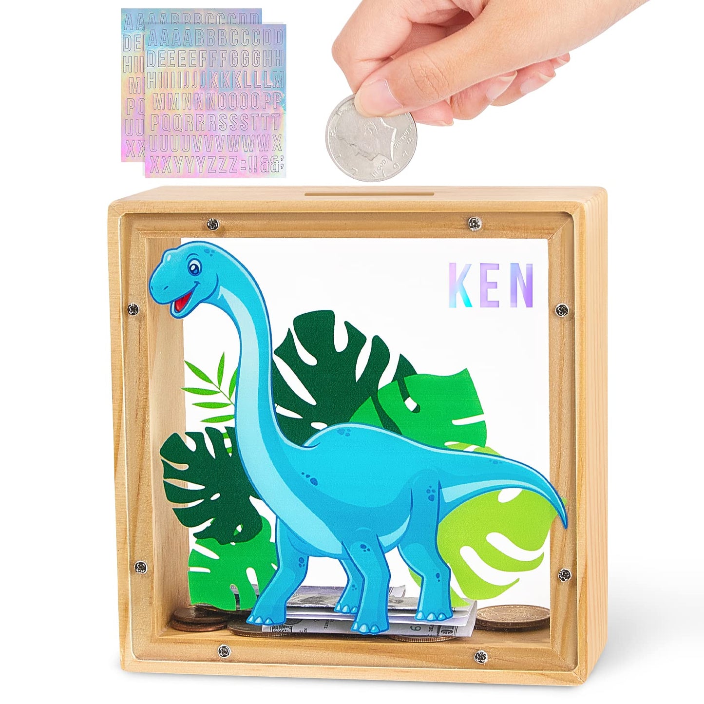 MHJY Piggy Bank for Kids - Wooden & Acrylic Dinosaur Unicorn Bank with DIY Stickers (Blue)
