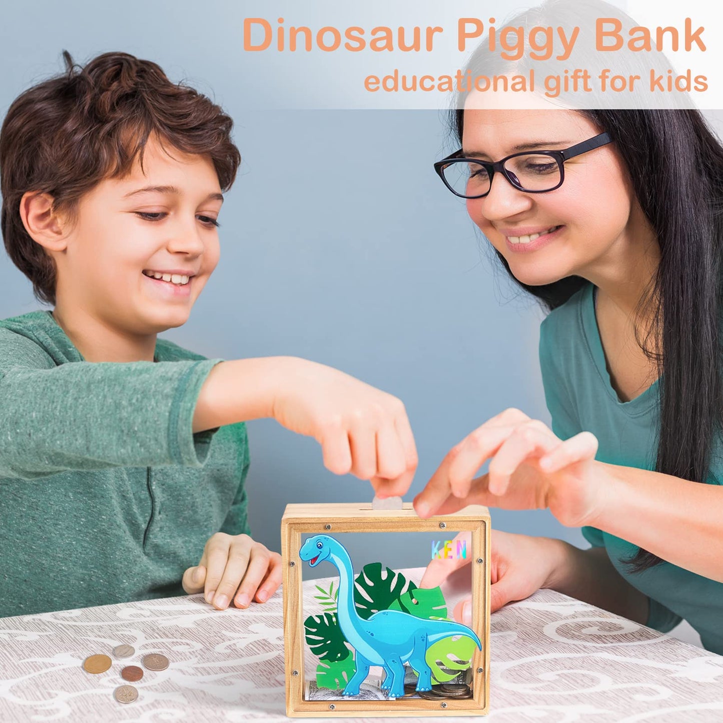 MHJY Piggy Bank for Kids - Wooden & Acrylic Dinosaur Unicorn Bank with DIY Stickers (Blue)